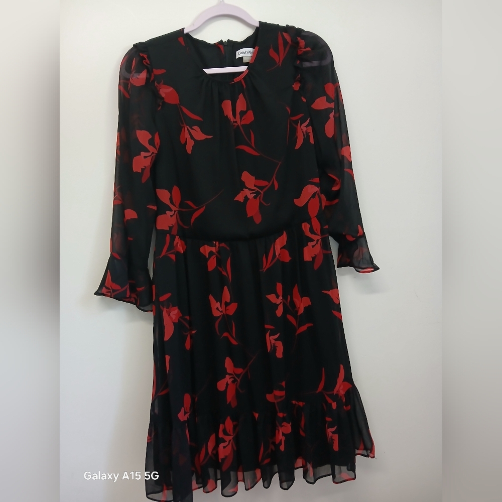 Calvin Klein Black and Red Floral Dress  Size 8